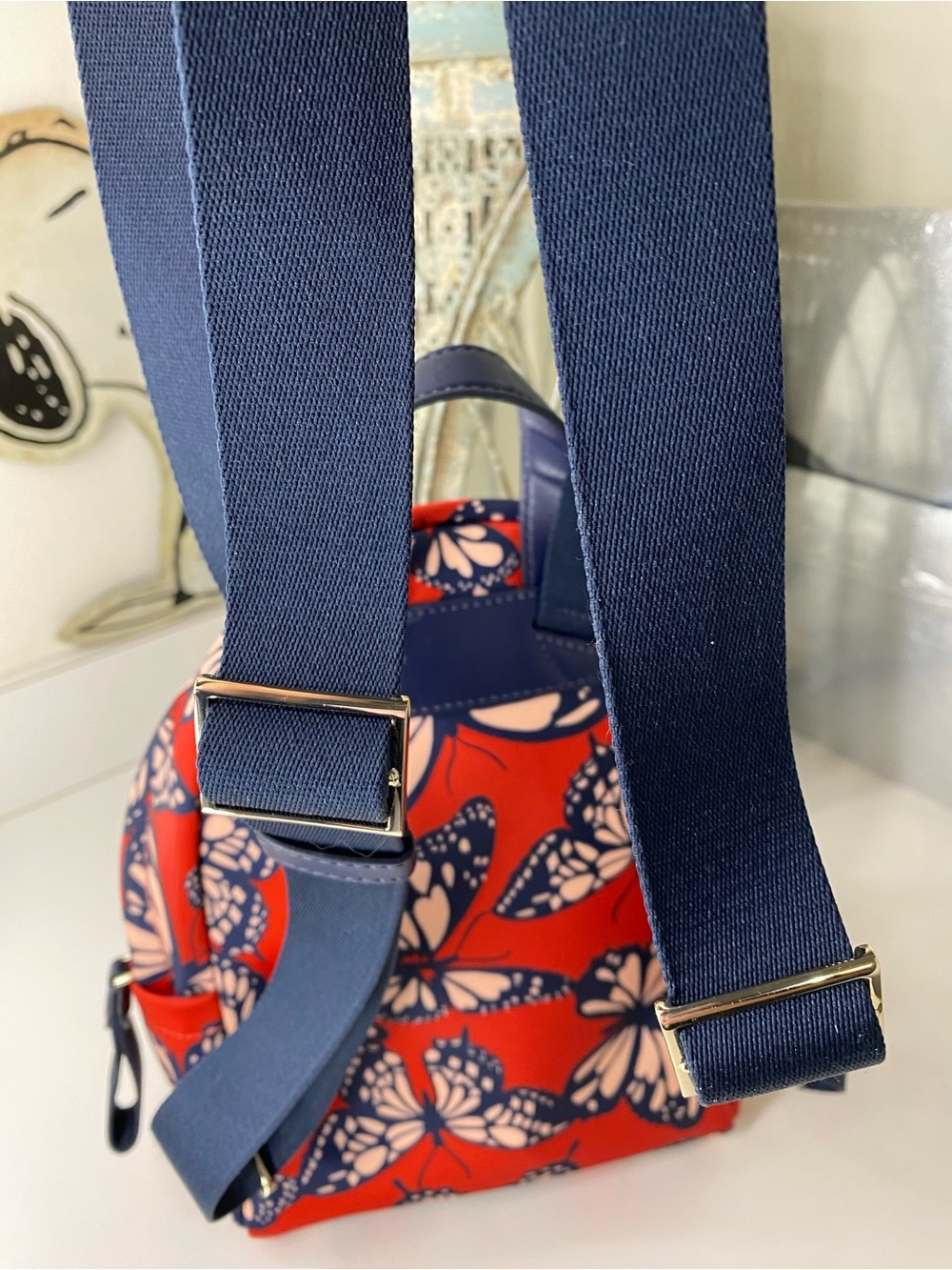 kate spade Red Butterfly Mini Backpack with Navy Accents purse - Picture 6 of 8